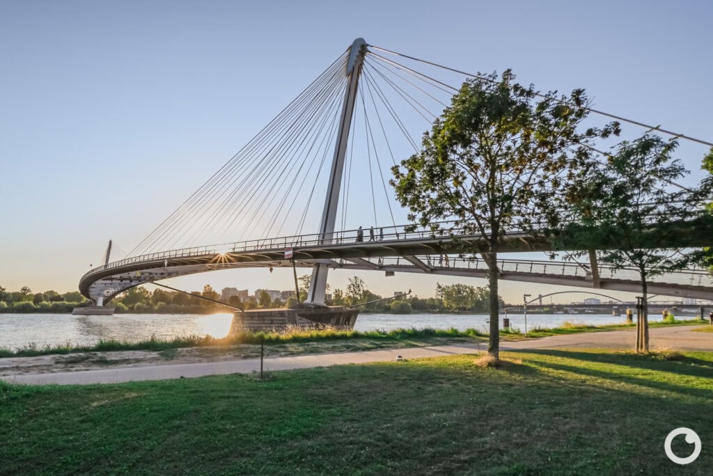 Ansicht der Passerelle des Deux Rives über den Rhein zwischen Kehl und Straßburg, Bauherr Städte Straßburg & Kehl, Architekt Marc Mimram, 2004. Foto: Bertrand Weiss, weissfotografie.com