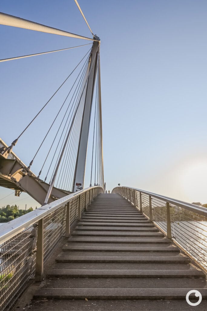 Ansicht der Passerelle des Deux Rives über den Rhein zwischen Kehl und Straßburg, Bauherr Städte Straßburg & Kehl, Architekt Marc Mimram, 2004. Foto: Bertrand Weiss, weissfotografie.com