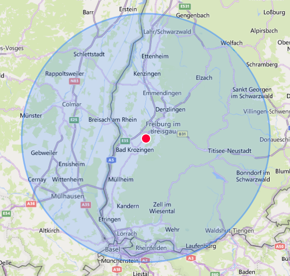 Karte mit Umkreis von 50 Kilometern um Freiburg im Breisgau für Anfahrten. Foto: Bertrand Weiss, weissfotografie.com