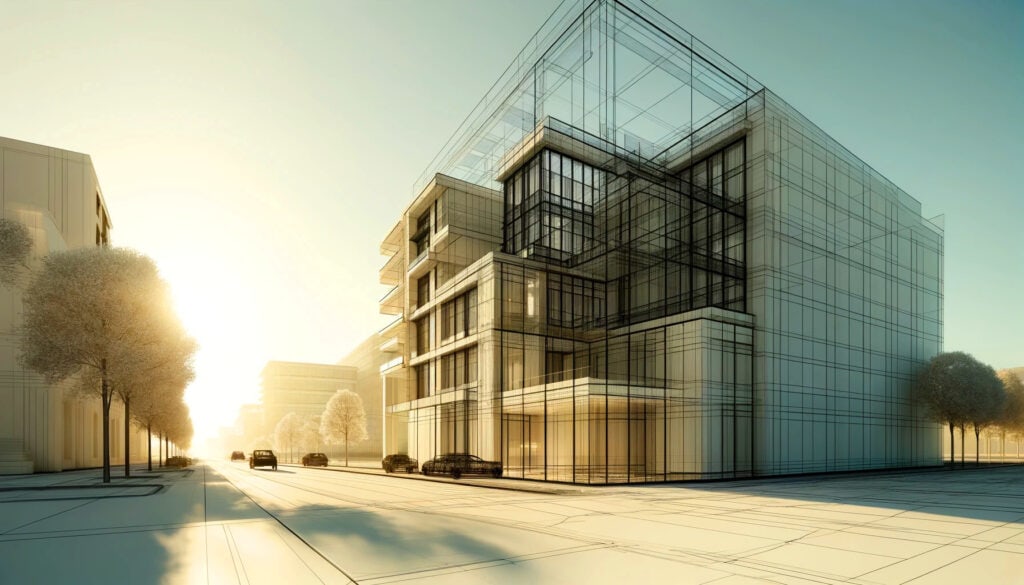 Architektur-Rendering als Vision einer modernen Stadt im Sonnenlicht. Foto: Bertrand Weiss, weissfotografie.com