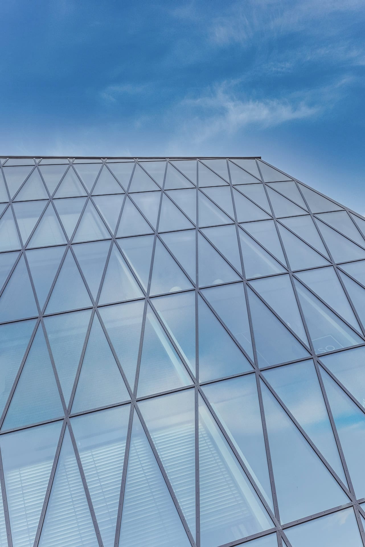 Detail der Glasfassade von Schnewlin 12 Freiburg mit diagonaler Rasterstruktur und Wolkenspiegelungen. Architektur von hotz+architekten. Foto: Bertrand Weiss, weissfotografie.com.