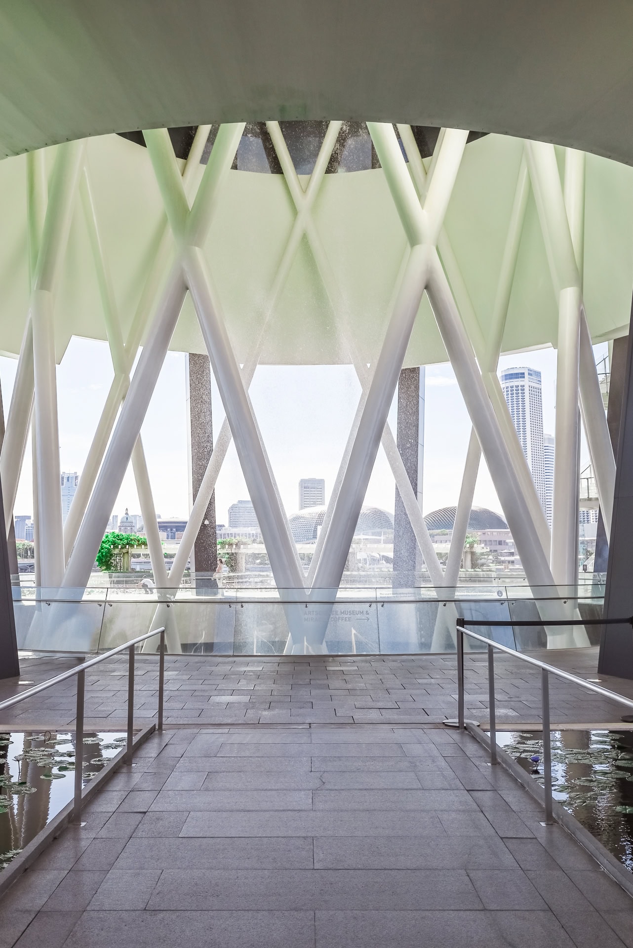 Blick durch die diagonale Tragstruktur auf den zentralen Wasserfall und das Wasserbecken im Inneren. Architektur von Safdie Architects. Foto: Bertrand Weiss, weissfotografie.com.