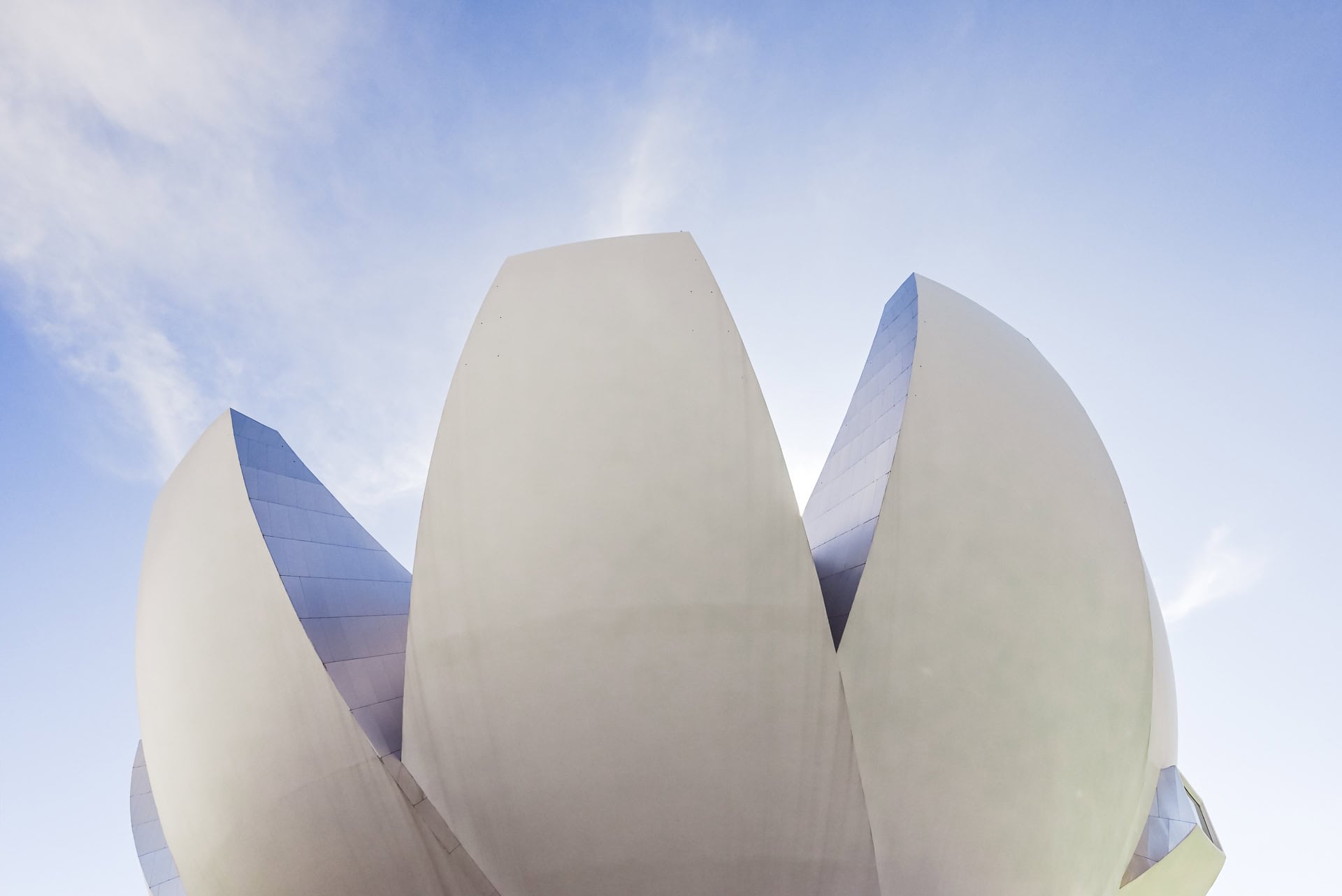 Detail der geschwungenen weißen Fassadenschalen des ArtScience Museum vor hellem Himmel. Architektur von Safdie Architects. Foto: Bertrand Weiss, weissfotografie.com.